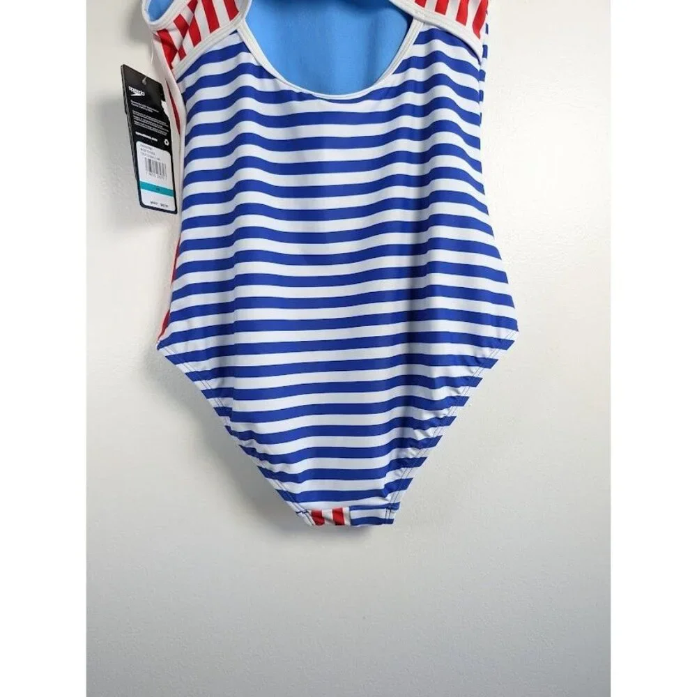 SPEEDO Swimsuit Kid Girls Size 16 One Piece Stripe Chlorine Resistant Summer NEW